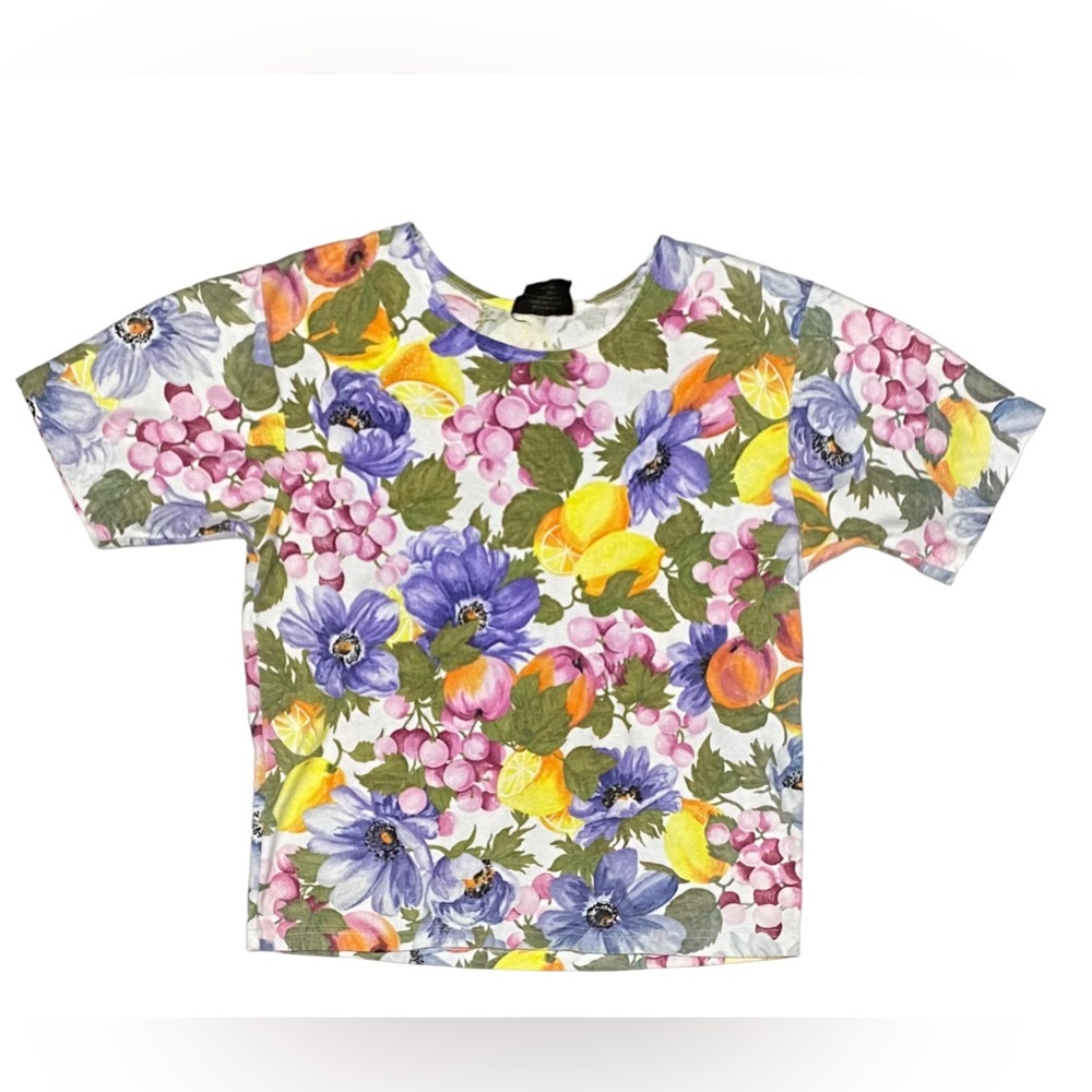 La Belle Womens Floral T Shirt Sz Medium Bright All Over Print